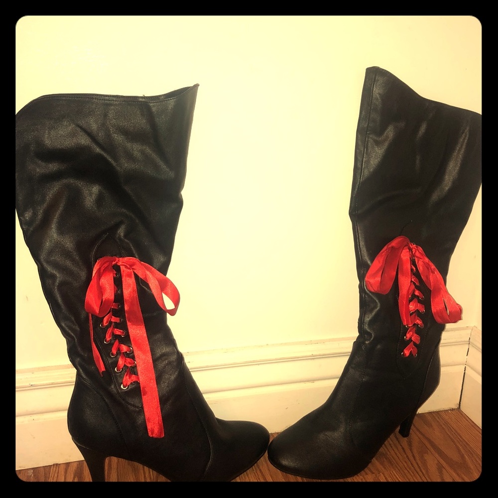 Black size 9/10 knee high boots with red ribbon